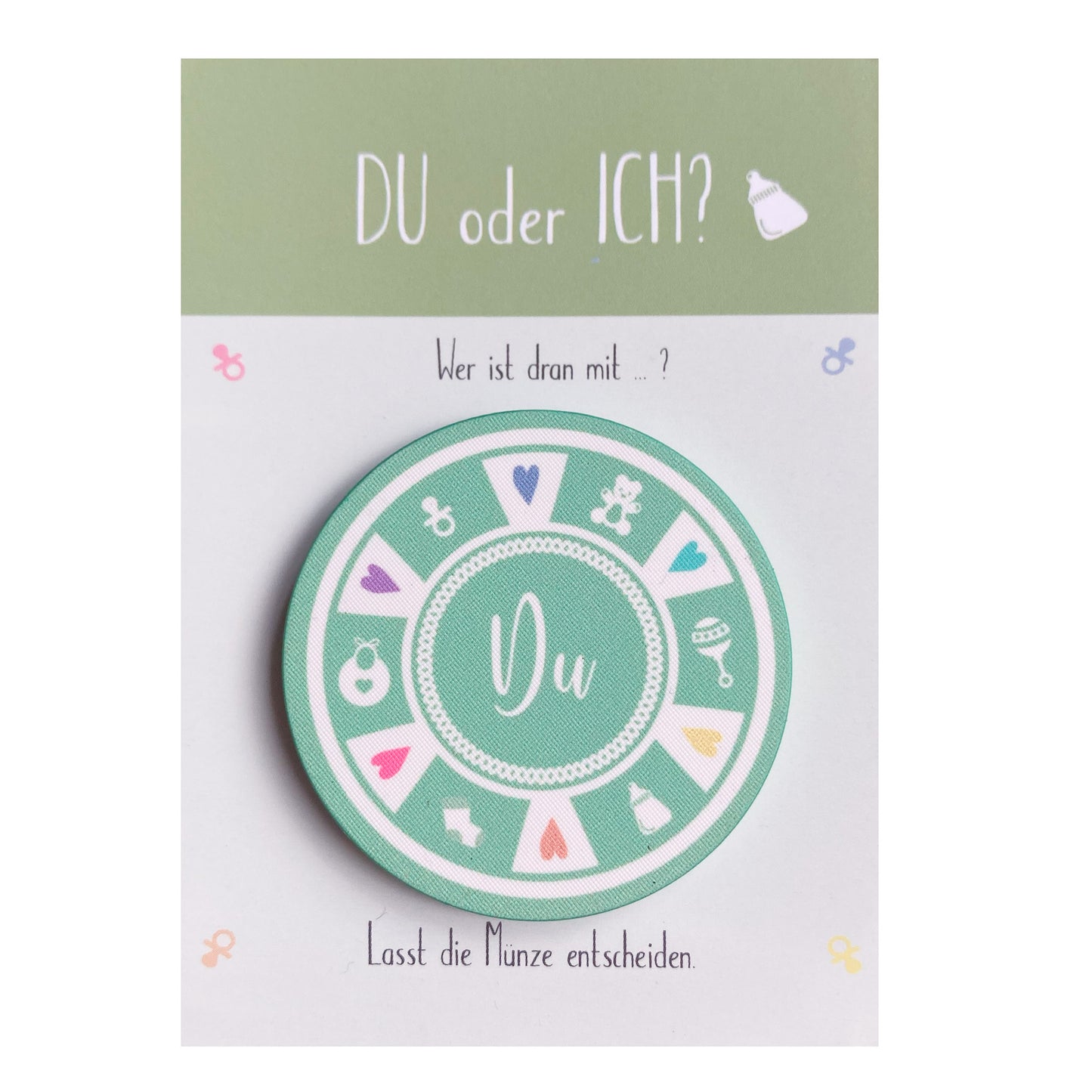 Entscheidungsmünze "Du oder Ich" Geschenk zur Geburt, Babyparty und für junge Familien (VPE 10 Stk.)