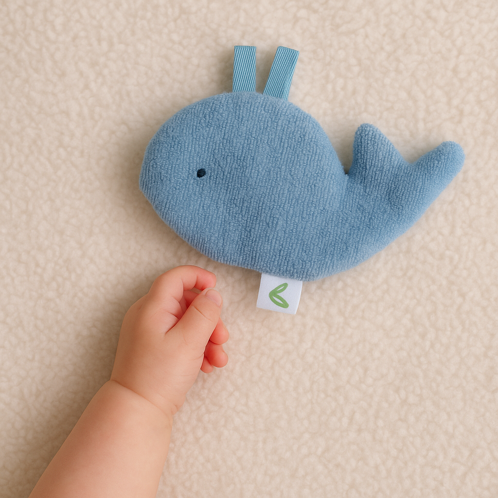 Kuscheliger Knisterwal – Greifspielzeug zum Fühlen, Kuscheln & Trösten – mit Raschelpapier & Laschen für Kinderwagen