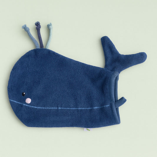 Waschhandschuh für Babys in Wal-Form aus Bio-Baumwolle – sanft & hautfreundlich