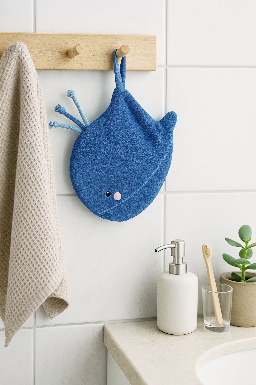 Waschhandschuh für Babys in Wal-Form aus Bio-Baumwolle – sanft & hautfreundlich